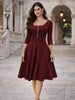 Women Elegant Square Neck 3/4 Sleeve Autumn Work Party Midi Dress Solid Color Zip Front Solid Business Casual Swing A-Line Dress