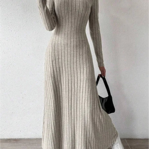 Knitted Long Sleeve A-Line Dress Slim Fit Solid Color Street Style Women's Dress Comfortable Casual Elegant Commute