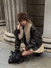 Ladies Winter Retro Fur Collar Leather Jacket V‑Neck Full Lapel Long Sleeve Double Breasted Urban Warm Casual Outer