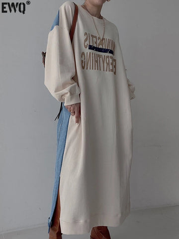 Letter Print Contrast Color Casual O-Neck Lantern Sleeve Splice Denim Sweater Dress Female Autumn 16Y3673