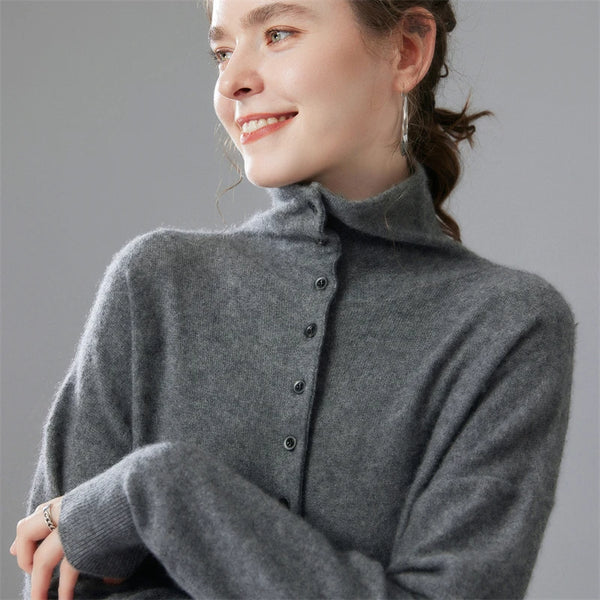 Autumn Women's Cardigan 100% Cashmere Knitted Sweater Chic Tops Female Causal Turtleneck Collar Loose Size Jacket Coat