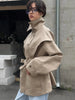 Beige Belted Long Outerwears Women Stand Up Collar Long Sleeve Loose Coat Autumn Streetwear Office Lady Tops