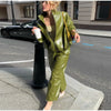 Chic Stand Collar Leather Long Skirt Sets Women Long Sleeve Jackets Spliced Solid Skirts Autumn Lady Y2k Outfits Dress