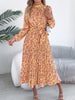 Floral Stand Up Collar Bridesmaid Dress Spring Autumn Elegant Long Sleeve Waist Cinching Pleated Dresses Woman Clothing