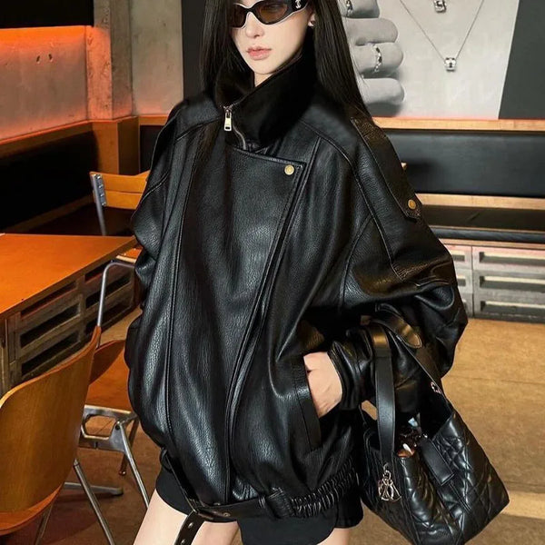 Fall Winter Women's Faux Leather Jacket Individuality Asymmetrical Stand Collar Loose Lady Coat Long Sleeve Bomber Outwear