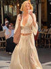 Elegant Sexy Two Piece Set Women V Neck Long Sleeve T-shirt Maxi Skirt Matching Set Female Loose Pleated Club Dress Set
