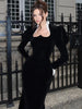 Velvet Lace Patchwork Dress Square Collar Waist Cinched Slim Fit Party Gown Robes Elegant Women Wrap Hip Fishtail Long Dresses