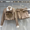 Autumn Women's Two-pieces Set Bow Tie Scarf Plaid Short Jacket Casual Versatile Belt Shorts Sets Female 11A06528