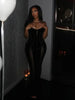 Women Black Velvet Sheer Maxi Dress Sexy Chic Mesh Patchwork Off-shoulder Waist Cinching Slim Maxi Dresses Club Party Gowns