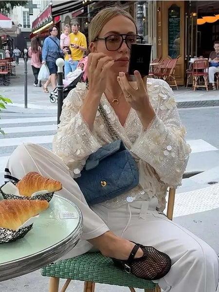 Autumn Women Sequin Kimono Jacket Coat Long Sleeve V Neck Female Casual Loose Outerwear Chic Lady Wrap Outfits