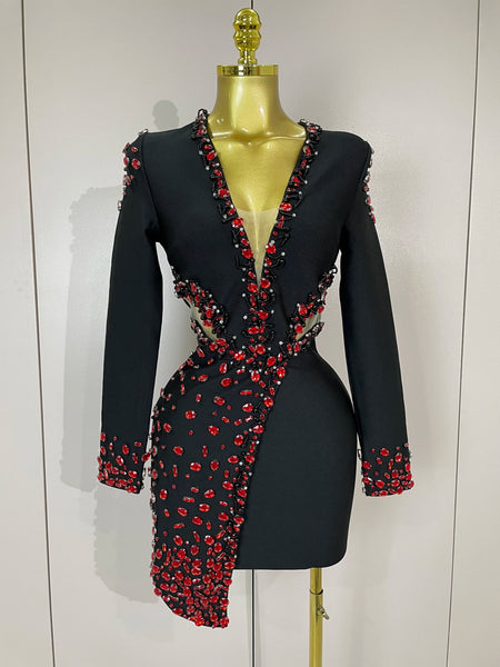 Women Celebrity Sexy Long Sleeve V Neck Rhinestone Black Bandage Dress Elegant Evening Club Birthday Party Dresses