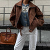 Women's Belt Short Suede Jackets Loose Lapel Long Sleeve Zipper Coats Spring Lady Vintage Female Outwear Street