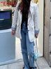 European American Streetwear Leather Jacket For Women Chic Loose Fit Suit Coat Female Flip Pocket Two Bottons White Blazer Mujer