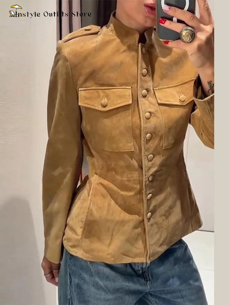 Vintage Suede Jackets Women's Full Sleeves Single-breasted Waist-cinching Stand Collar Coats Ladies Autumn Outwear