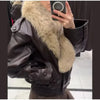 Ladies Winter Retro Fur Collar Leather Jacket V‑Neck Full Lapel Long Sleeve Double Breasted Urban Warm Casual Outer
