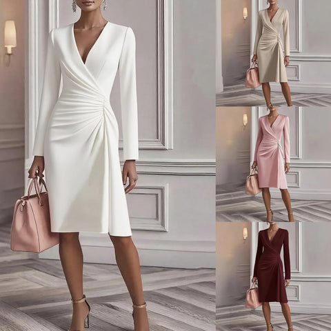 Women's Chic Ruched Wrap V Neck Midi Dress Long Sleeve Asymmetric Hem Formal Gown for Elegant Office Work Commute