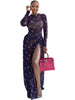 Women O-Neck Long Sleeve Print Split Maxi Long Dress Fall Autumn Evening Party Vacation Birthday Dresses Vestidos