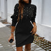Autumn Women Sweater Dresses Pearls Round Neck Long Sleeve Hip Wrap Dress Winter Elegant Ladies Casual Solid Slim Fit Dress