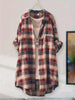 Women's Vintage Red Plaid Long Shirt Dress, Casual Loose Fit Button Down Blouse, Roll Up Long Sleeve Lapel Collar Pocketed Tunic