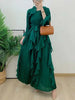 Ruffles Pleated Dress Women Round Neck Flare Sleeves Solid Maxi Belt Dresses Party Spring 2AA1502