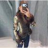 Printed Faux Fur Splicing Jacket Autumn Winter V-neck Slim Waist Cinched Full Sleeve Cropped Coat Women's Outwear