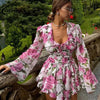 White Print Women's Dress Elegant V-Neck Ruffled Long Sleeve Dresses Autumn High Waisted Pleated Mini Dresses