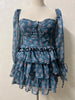 Women Sexy Cross Bandage Black Flower Print Puff Long Sleeve Dress 3 Layer Wood Ears Ruffles Hem Cake Mini Holiday Robe