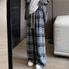 Women's High Waist Plaid Trousers Autumn Winter Korean Retro Straight Pants Loose Fit Drawstring Wide Leg Trouser Mujer