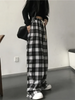 Oversize Women Sweatpants Black Plaid Casual Pants Baggy Elastic Waist Pockets Student Unisex Hip Hop Loose Trousers