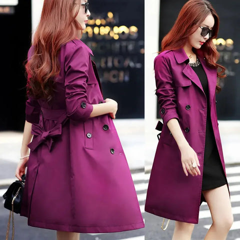 Purple Windbreaker Women Mid-Long Trench Coat Spring Korean Slim Waist British Casual Autumn Coat With Belt Outwear Top