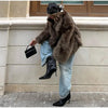 Brown Faux Fur Thicken Coat Women Lapel Long Sleeve Warm Winter Jacket Lady Chic Snap Button High Street Elegant Outerwear