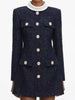 Designer Women Tweed Mini Dress Slim Fit High Waist Stand Collar Spring Office Ladies Long Sleeve Elegant A Line Dress