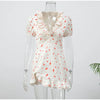 Sexy Floral Printed Mini Dress Women V-neck Flared Sleeve Waist Cinching Ruffle Bodycon Vestido Lady Party Vacation Gowns