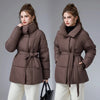 Women Winter Belted Jacket Elegant Stand Collar Windproof Puffer Coat Cotton Padded Thick Warm Snow Parkas Overcoat куртка