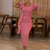 Women Short Ruffles Sleeve O-neck Ribbon Bodycon Midi Dress Street Africa OL Evening Sexy Party Dresses Vestido