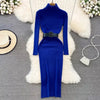 Elegant Turtleneck Long Sleeve Knit Soft Tight Pencil Dress with Belt Slim Warm Sweater Vestido Sexy Women Winter Robe