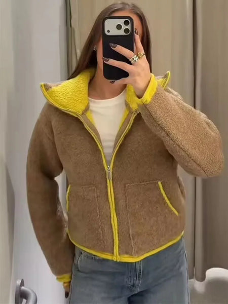 Autumn Casual Jacket Coat Contrast Color Design Long Sleeve Zipper Jackets For Women Streetwear Casual Outerwear