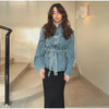 Women's Denim Lace Up Jacket Lapel Neck Waist Cinching Button Front Long Sleeve Coat Spring Femlae Casual Daily Outerwear