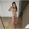 Elegant Ruffle Women's Long Dresses V Neck Half Sleeve Button Waist Cinching Pleated Dress Spring Lady Party Robes