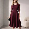 Women's Vintage Floral Lace Wedding Party Dress Square Neck A-Line Skirt High Waist Solid Medium Sleeve Slim Flared Skirt
