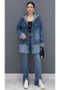 Retro Denim Hooded Coats for Women Blue Single Breasted Mid-length Loose Autumn Jackets