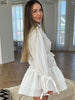 Elegant White Cotton Women's Dress Lace-Up Neck Lace Long Sleeve Dresses Autumn Loose Pleated Mini Dress Female