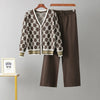 Autumn Two Piece Suits Women V Neck Basics Print Top+Elastic Long Pants Harajuku Casual Knit Sweater Warm Sets
