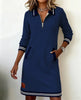 Autumn Winter Versatile Women's Dress Casual Contrasting Color Splicing Lapel Long-sleeved Loose Dress With Pockets