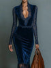 Elegant Deep V-Neck Lace Trim Party Dress Women's Slim Fit Velvet Long Sleeve Bodycon Hip Autumn Spring Sexy Sheer Dress
