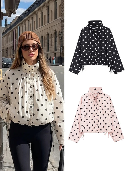 Woman Long Sleeve Polka Dot Solid Jacket High Collar Single Breasted Drawstring Coat Spring High Street Lady Chic Jackets