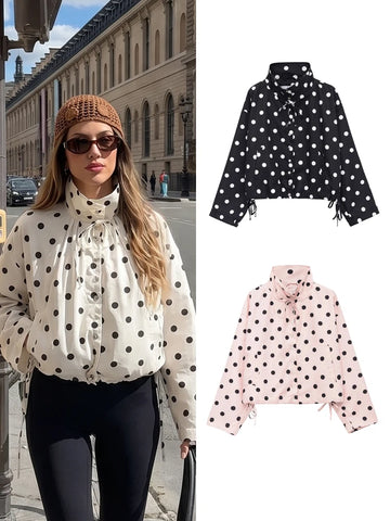Woman Long Sleeve Polka Dot Solid Jacket High Collar Single Breasted Drawstring Coat Spring High Street Lady Chic Jackets