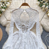 Women's Autumn Mesh Lace Hollow Out White Short Dress Women Micro Flare Sleeve See Through Translucent Sexy Girl's Mini Dress