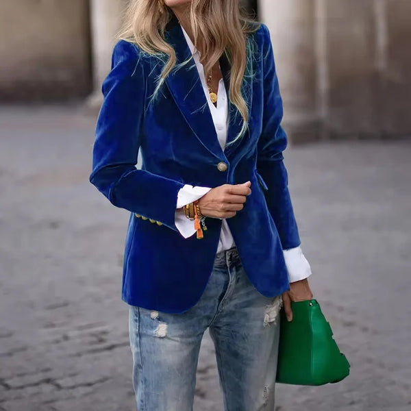 Women's Elegant Office Lady Velvet Blazets Suit Notched Collar Solid Minimalist Casual Single Button Jacket Autumn Outerwear