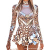 Stretch Sequins Mirror Dress Women Bodysuit Dancewear Long Sleeve Drag Queen Costume Rave Festival Night Out BodySuits